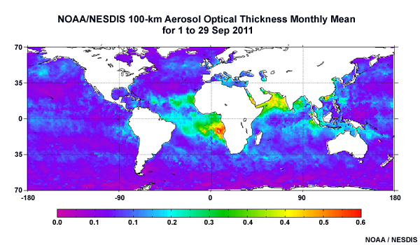 Global image of 100-km Aerosol Optical Thickness Data for a 28-day period ending 29 Sep 2011