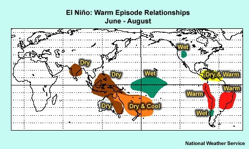 Map of the world with dry/wet and warm/cool areas associated with El Nino events labeled