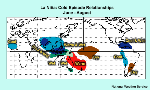 Map of the world with dry/wet and warm/cool areas associated with La Nina events labeled