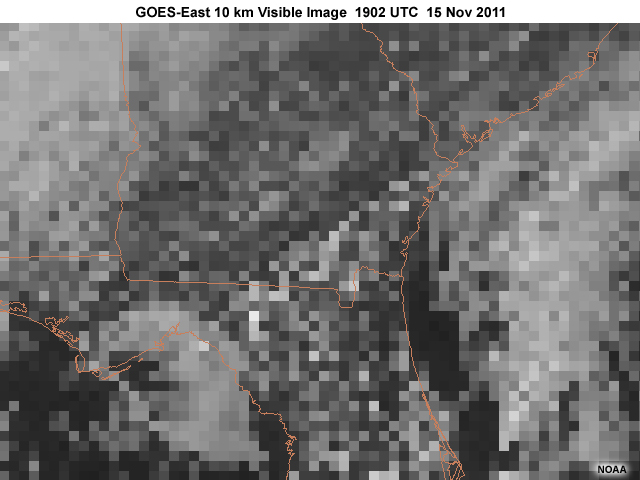 GOES-East 10 km visible image over the southeastern U.S. highlighting cumulus clouds on 15 November, 2011.