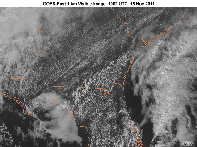 GOES-East 1 km visible image over the southeastern U.S. highlighting cumulus clouds on 15 November, 2011.