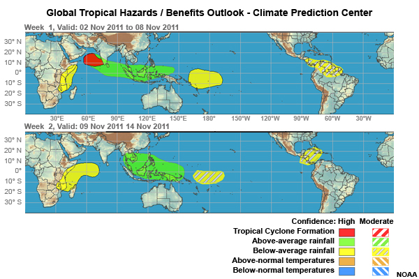 Map showing the outlook for global tropical hazards for 2 - 14 November 2011