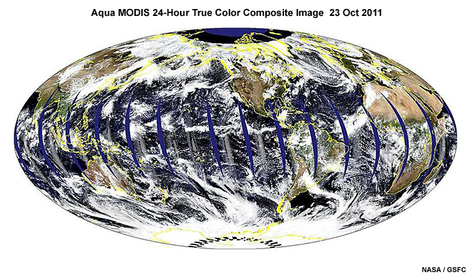 24-hour global true-color composite of cloud cover produced from the Aqua MODIS imager on 23 October, 2011.