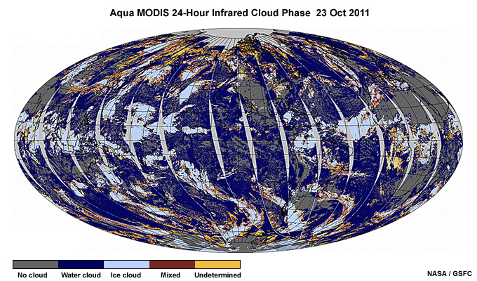 24-hour global composite of infrared cloud phase produced from the Aqua MODIS imager on 23 October, 2011.