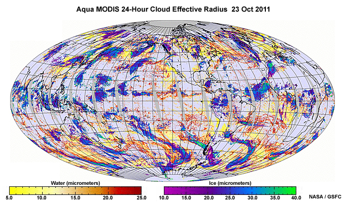 24-hour global composite of cloud effective radius produced from the Aqua MODIS imager on 23 October, 2011.