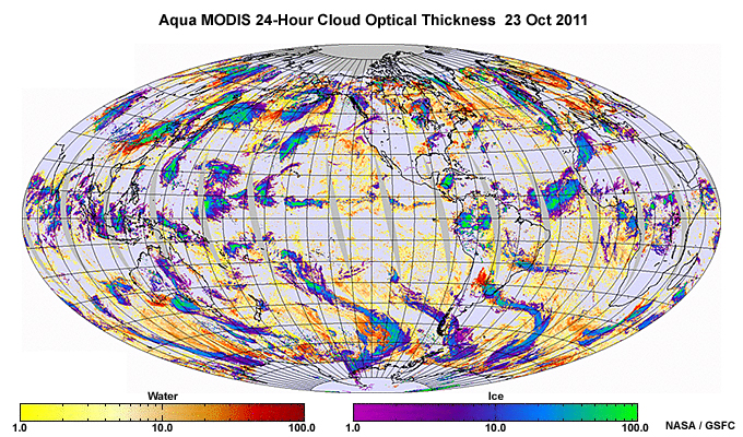 24-hour global composite of cloud optical thickness produced from the Aqua MODIS imager on 23 October, 2011.