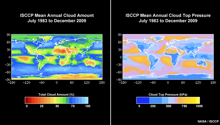 ISCCP (International Cloud Climatology Project) images of global mean annual cloud amount and cloud top pressure for the period from July 1983 to December 2009.