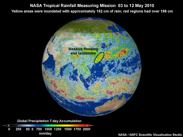 NASA's Tropical Rainfall Monitoring Mission (TRMM) satellite showing massive flooding and landslides in south central and southeast China from 03 to 12 May 2010.
