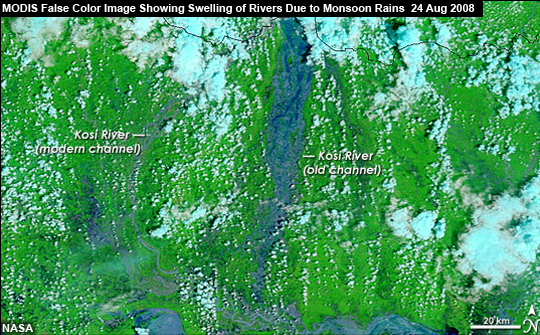 MODIS False Color Image showing swelling of rivers due to monsoon rains in northern India, 24 Aug 2008