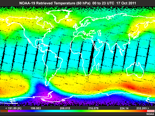 NOAA-19 Retrieved Temperature (50 mb) for 00 UTC to 23 UTC 17 Oct 2011