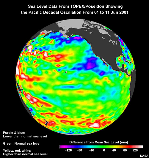 Sea level data from TOPEX/Poseidon showing the Pacific Decadal Oscillation from 01 to 11 Jun 2001