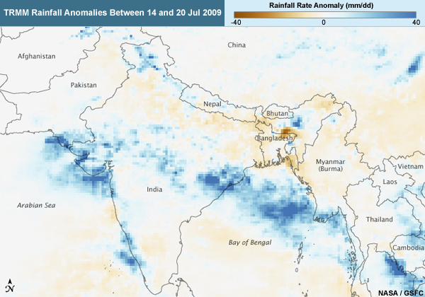 Rainfall anomaly map from the TRMM satellite showing anomalies in India and SE Asia from 14 to 20 July 2009
