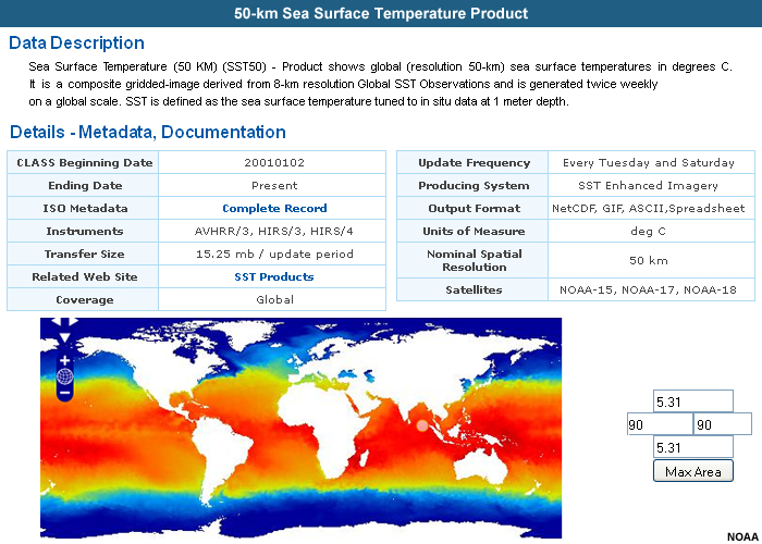 Metadata and sample image of global 50-km satellite-derived sea surface temperature product as archived by NOAA's CLASS archive system.