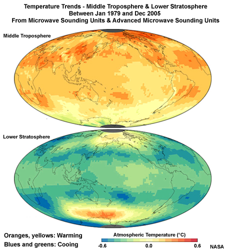 Temperature Trends in the Middle and Lower Troposphere Between Jan 1979 and Dec 2005 From Microwave Sounding Units & Advanced Microwave Sounding Units