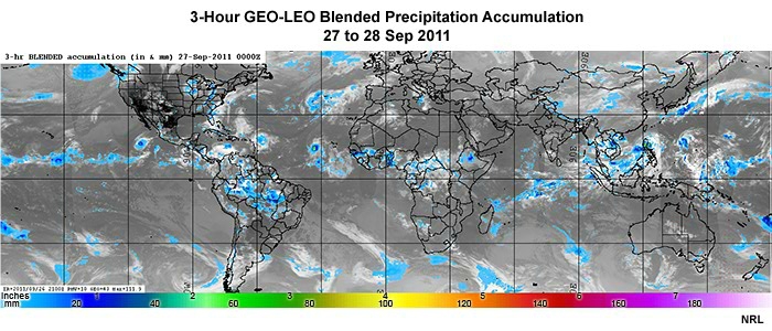 Three-hour blended geostationary and polar-orbiting satellite rainfall accumulation product animation every three hours from 00 to 00 UTC, September 27 to 28, 2011.