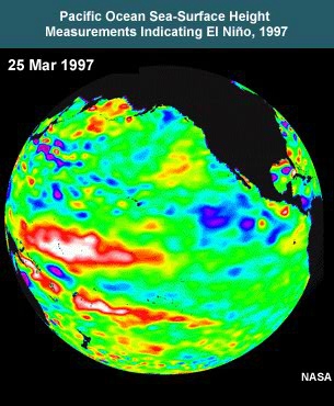 Pacific Ocean sea-surface height measurements for 25 Mar 1997 indicating El Nino