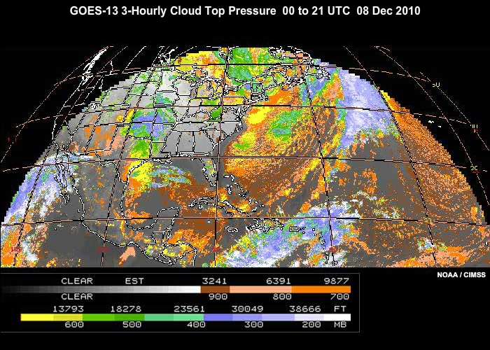 Animation of GOES-13 3-hourly Cloud Top Pressure imagery from 00 to 21 UTC on 08 December, 2010.