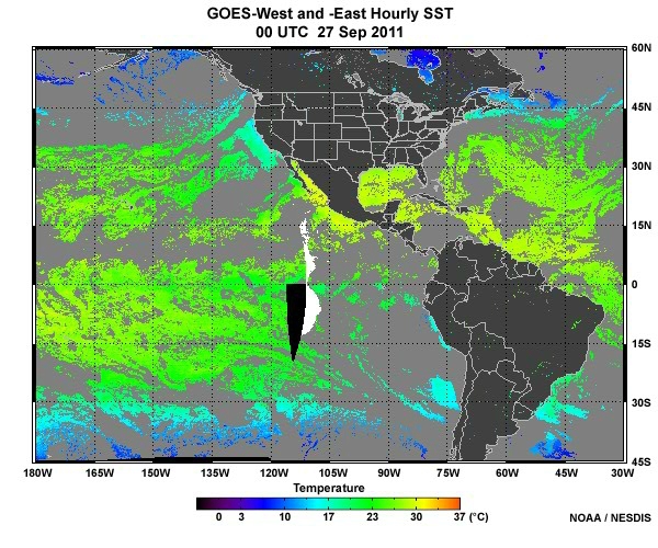 GOES-West and -East hourly sea surface temperature composites for 24 hours on September 27, 2011.
