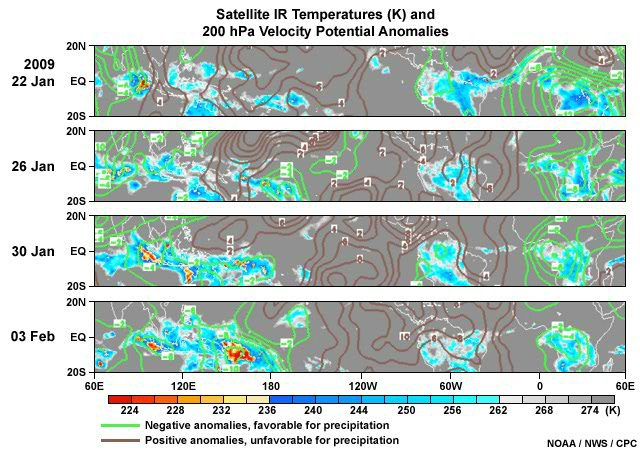 Multi-panel depiction of satellite infrared cloud top temperatures and 200 hPa velocity potential anomalies from 22 January to 18 February, 2009, highlighting eastward progression of the MJO.
