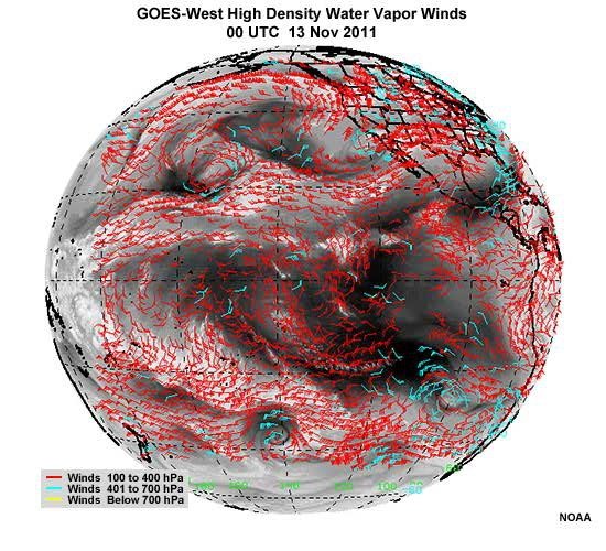 GOES-West high density water vapor winds product from  00 UTC 13 November to 00 UTC 14 November 10, 2011.