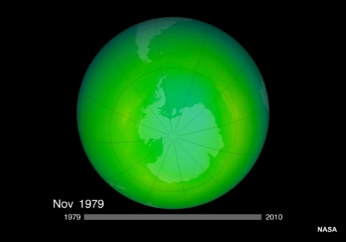 False-Color View of Total Ozone Over the Antarctic pole from 1979 to 2010