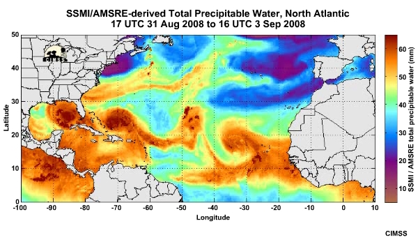 SSMI/AMSRE-derived Total Precipitable Water product showing a large pocket of dry air moving across the Atlantic Ocean from 31 Aug to 3 Sep 2008