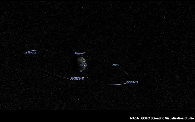 Visualization showing the five weather satellites that create NOAA's Climate Prediction Center products (GOES-11, GOES-13, MSG-2, Meteosat-7 and MTSAT-2) 