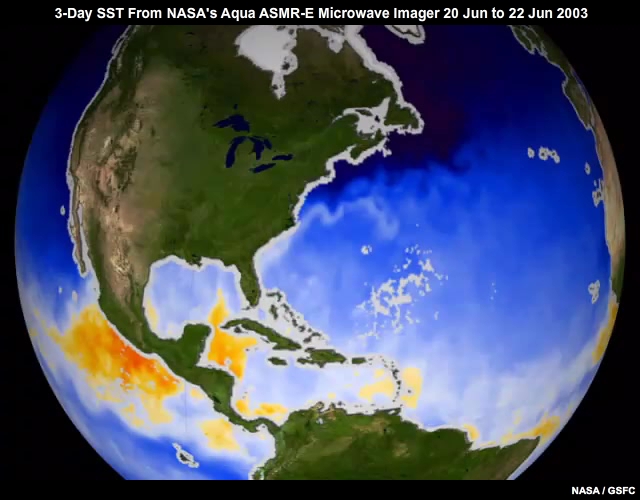 Animation of monthly sea surface temperature from the AMSR-E microwave imager on board the NASA Aqua polar-orbiting satellite from 20 Jun to 22 Jun 2003
