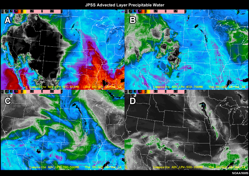 Advected Layered Precipitable Water at 09 UTC, 12 UTC, and 15 UTC on 19 July 2018 between (a) surface and 850 mb, (b) 850 mb and 700 mb, (c) 700 mb and 500 mb, and (d) 500 mb and 300 mb.