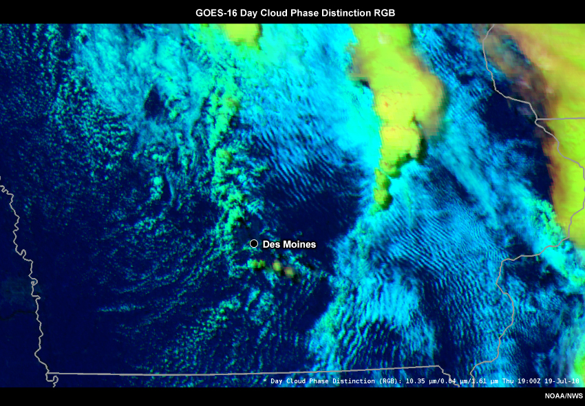 GOES-16 Day Cloud Phase Distinction from 1900 UTC to 1912 UTC on 19 July 2018.