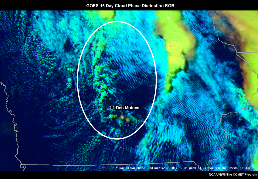 GOES-16 Day Cloud Phase Distinction from 1900 UTC to 1912 UTC on 19 July 2018 with annotations.