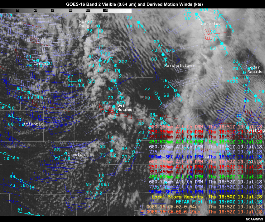 GOES-16 Derived Motion Winds from about 1900 UTC to 1927 UTC on 19 July 2018.