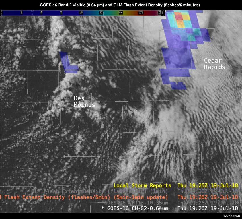 GLM flash extent density (5 minute - 1 minute updates) from 1926 UTC to 1947 UTC on 19 July 2018.