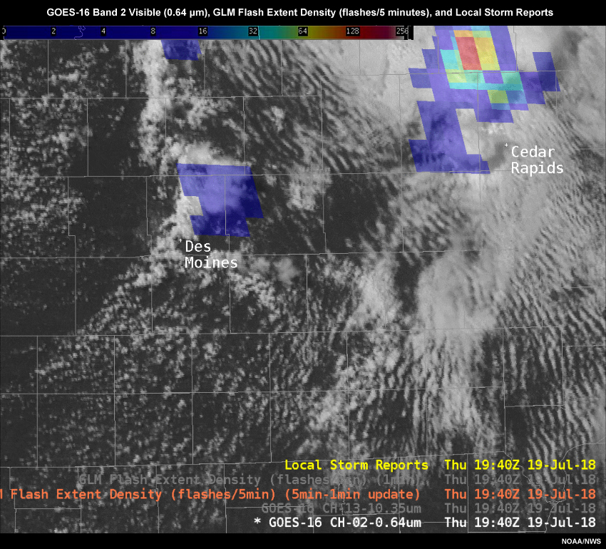 GLM flash extent density (5 minute - 1 minute updates) from 1940 UTC to 2000 UTC on 19 July 2018.
