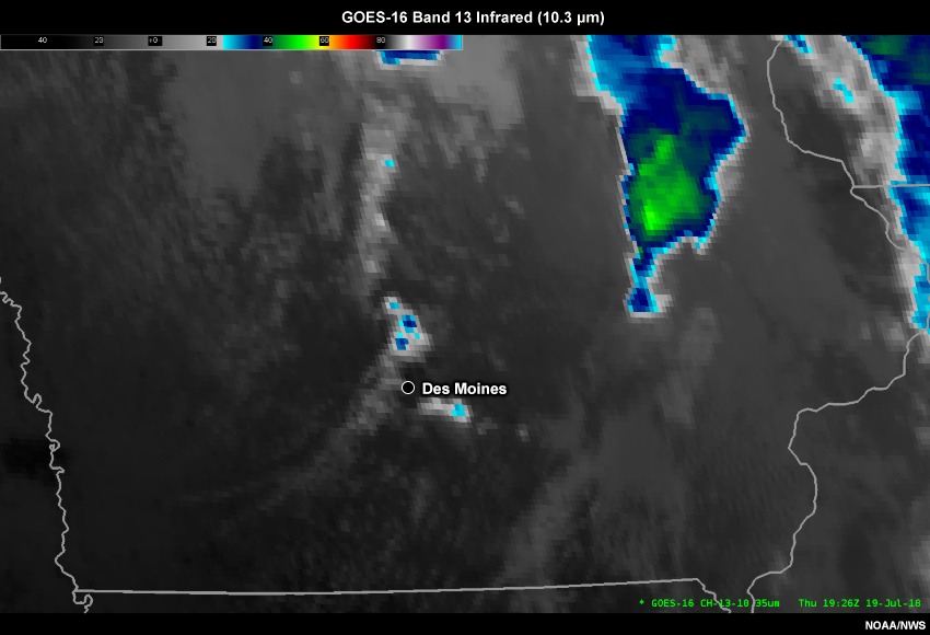 GOES-16 1-minute infrared satellite imagery from 1926 UTC to 1947 UTC on 19 July 2018.