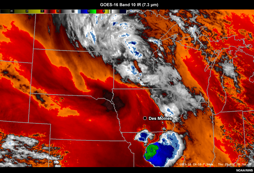 GOES-16 low-level troposphere water vapor satellite imagery from 1502 UTC to 1602 UTC on 19 July 2018.