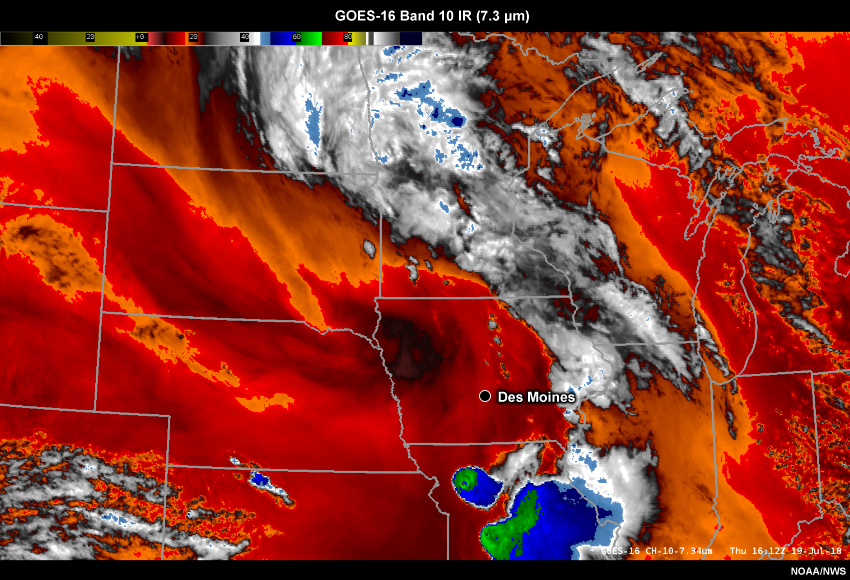 GOES-16 low-level troposphere water vapor satellite imagery from 1612 UTC to 1912 UTC on 19 July 2018.