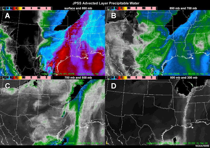 Advected Layered Precipitable Water from 9 UTC to 16 UTC on 1 May 2019 between (a) surface and 850 mb, (b) 850 mb and 700 mb, (c) 700 mb and 500 mb, and (d) 500 mb and 300 mb.