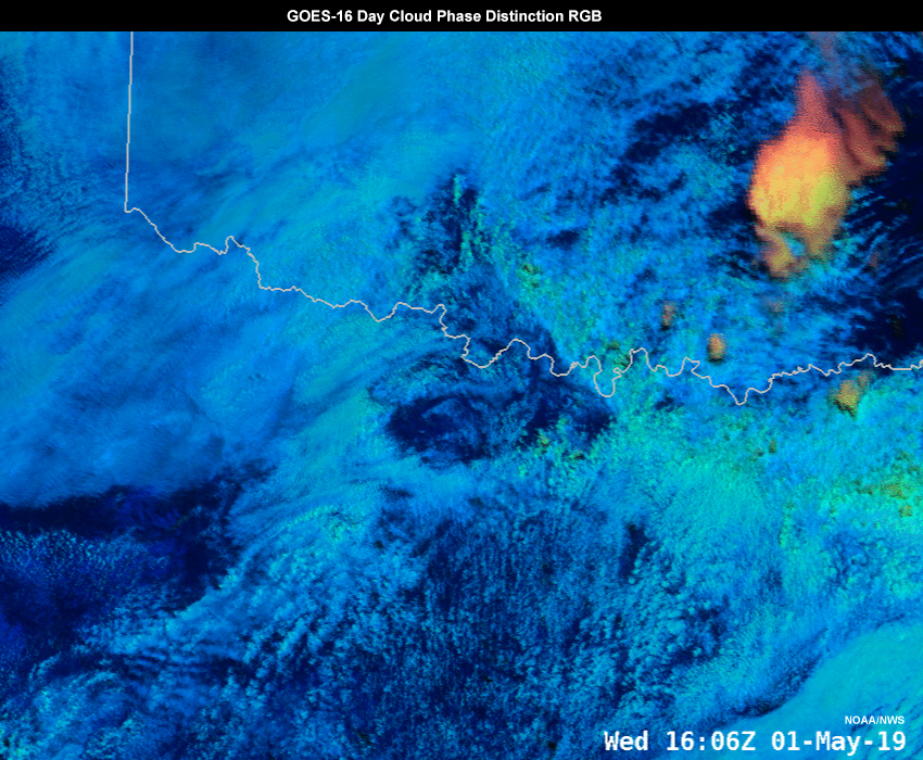 GOES-16 5-minute Day Cloud Phase Distinction from 1606 UTC to 1716 UTC on 1 May 2019.