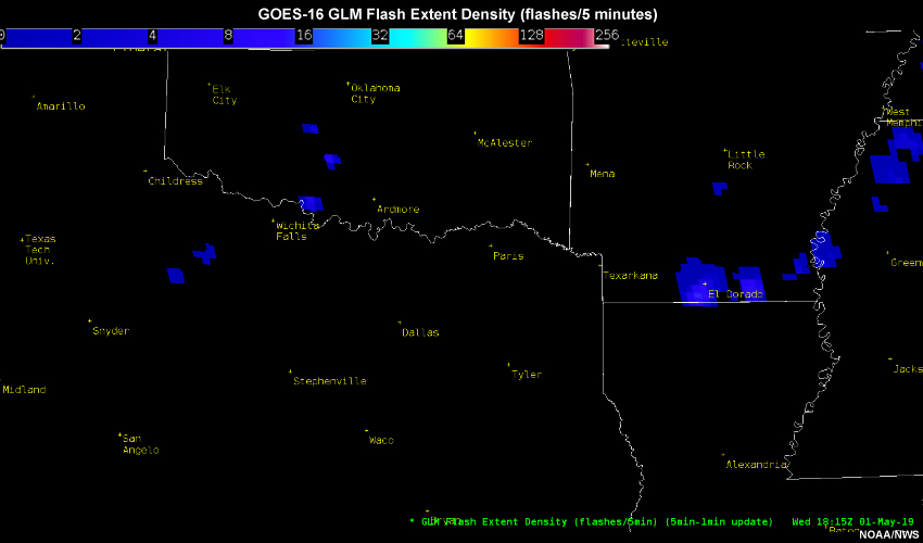 GLM flash extent density (5 minute - 1 minute updates) from 1815 UTC to 1825 UTC on 1 May 2019.