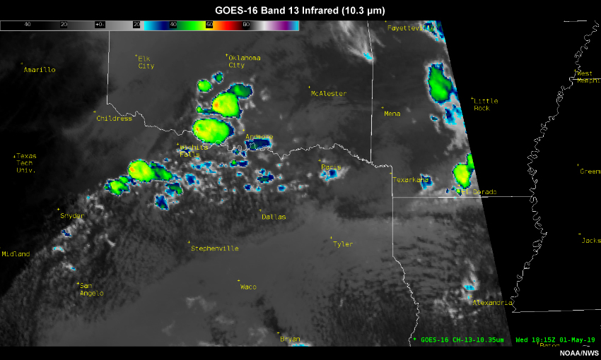 GOES-16 5-minute infrared satellite imagery from 1815 UTC to 1825 UTC on 1 May 2019.
