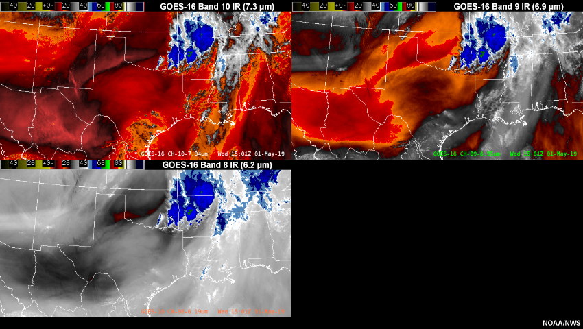 GOES-16 water vapor satellite imagery from 1501 UTC to 1631 UTC on 1 May 2019.