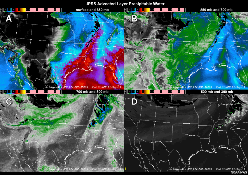 Advected Layered Precipitable Water from 12 UTC to 18 UTC on 22 May 2019 between (a) surface and 850 mb, (b) 850 mb and 700 mb, (c) 700 mb and 500 mb, and (d) 500 mb and 300 mb.
