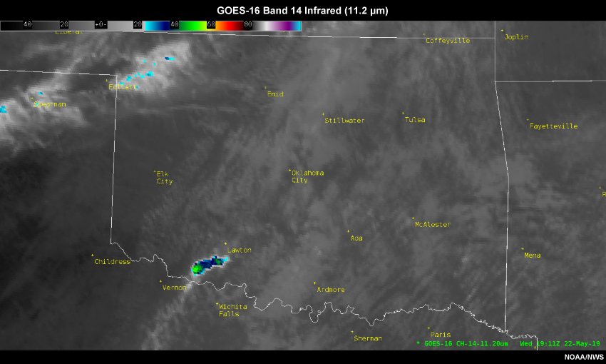 GOES-16 5-minute infrared satellite imagery from 1911 UTC to 1926 UTC on 22 May 2019.