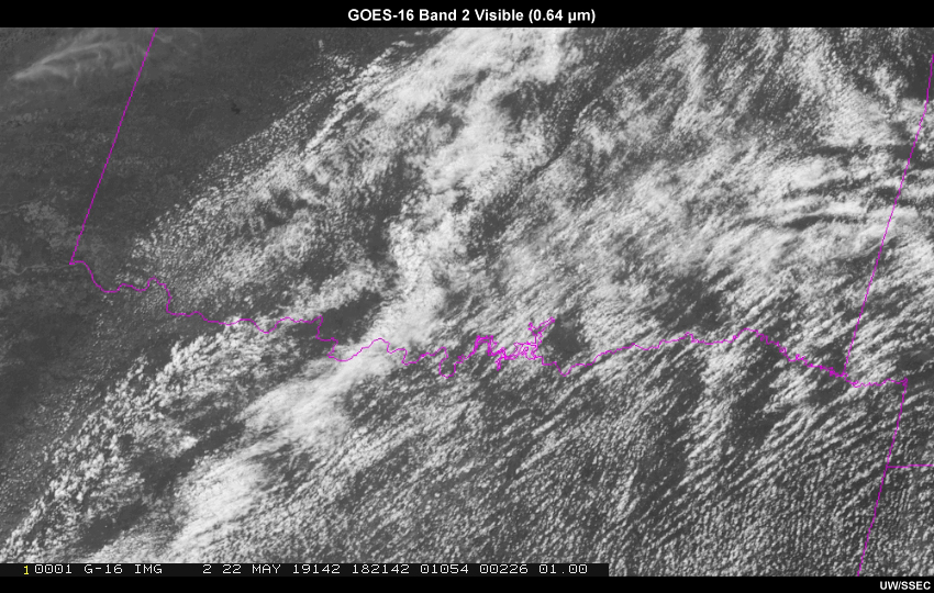 GOES-16 1-minute visible satellite imagery from 1821 UTC to 1841 UTC on 22 May 2019.