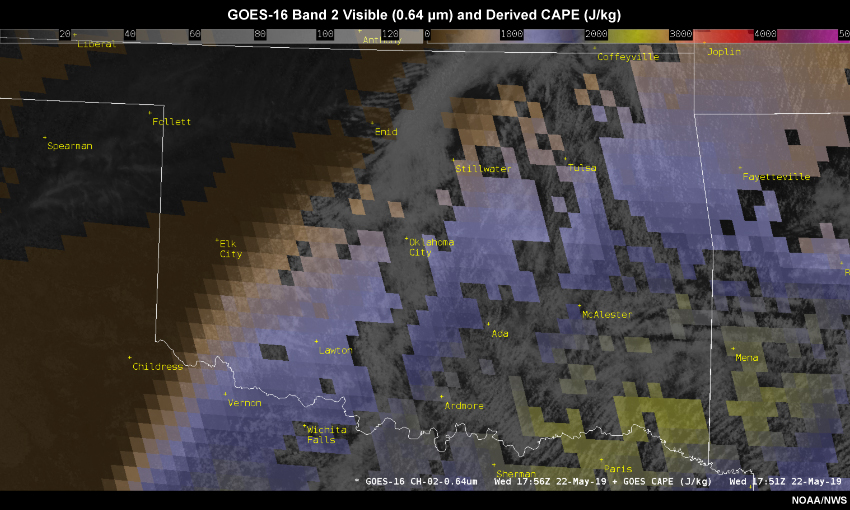 GOES-16 5-minute visible satellite imagery and derived CAPE values from 1751 UTC to 1841 UTC on 22 May 2019.