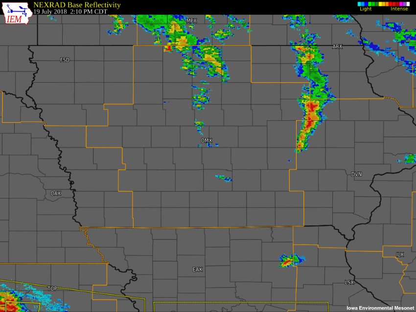 Radar composite reflectivity, tornado warnings, and tornado watch issued during the 19 July 2018 severe weather event across Iowa.
