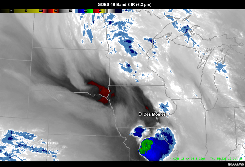 GOES-16 upper-troposphere water vapor satellite imagery from 1502 UTC to 1602 UTC on 19 July 2018.