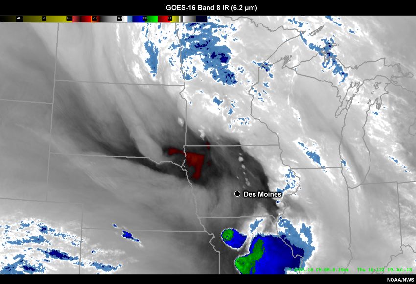 GOES-16 upper-troposphere water vapor satellite imagery from 1612 UTC to 1912 UTC on 19 July 2018.