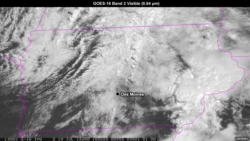 GOES-16 5-minute visible satellite imagery from 1602 UTC to 1712 UTC on 19 July 2018.